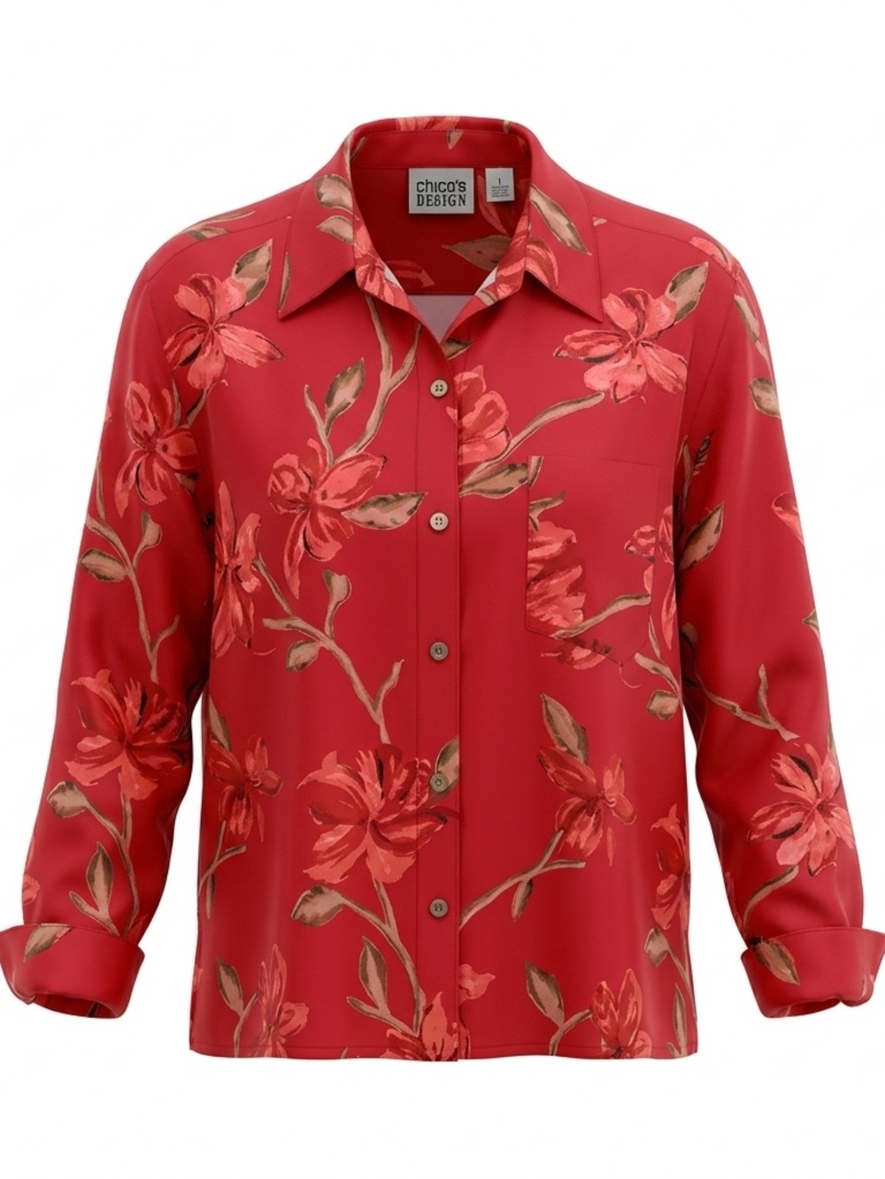 Chico’s Design Red Floral 100% Silk Blouse Long Sleeve Button Front Size L/12